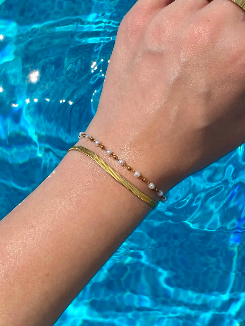 Steel Gold-Colored Two-Row Pearl Bracelet