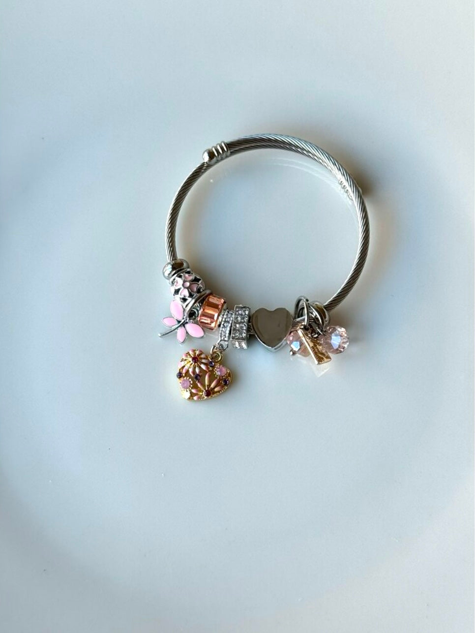 Gümüş Kaplama Pembe Kalp Charm Bileklik
