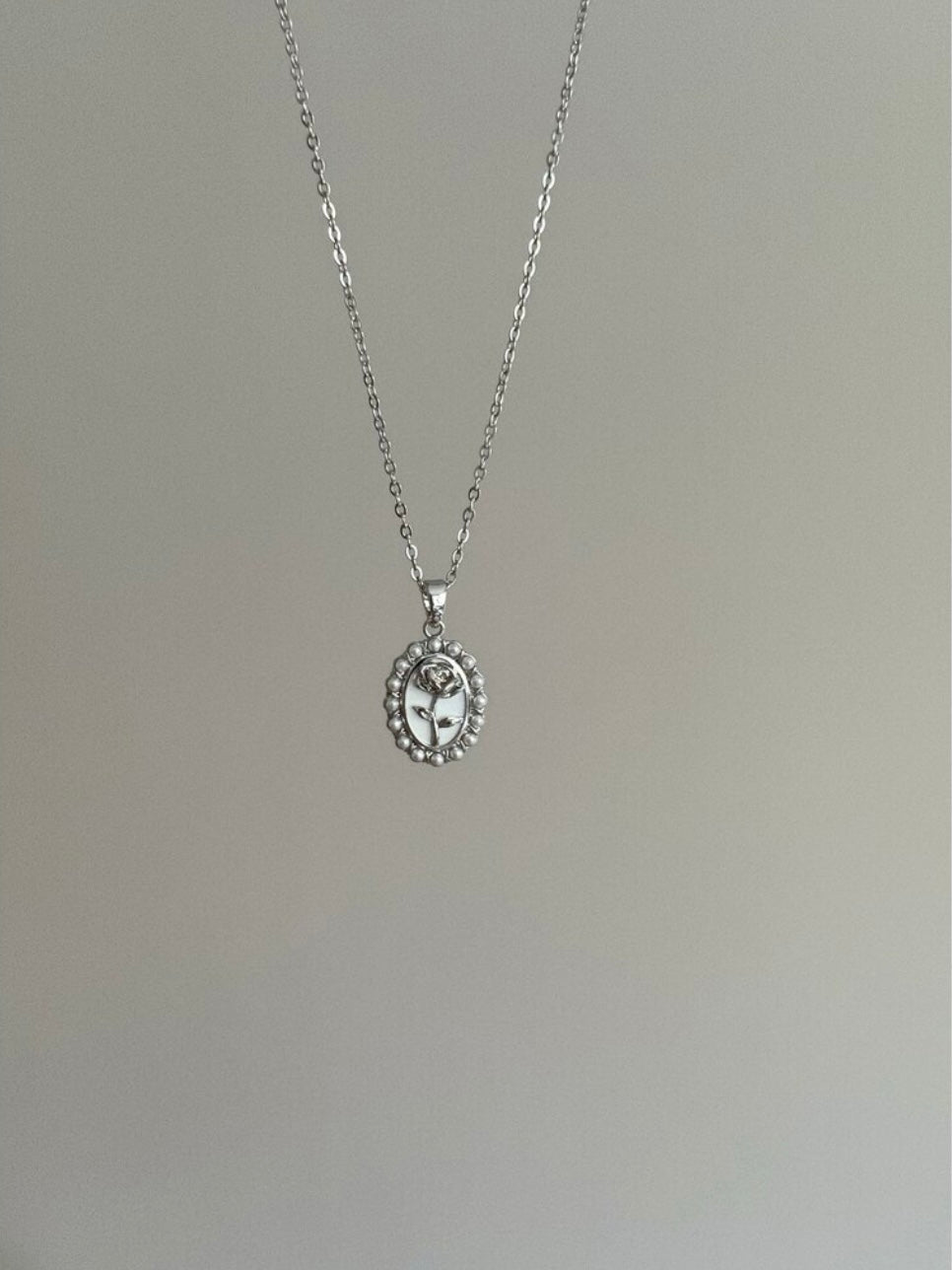 Steel Silver Color Pearl and Rose Motif Vintage Necklace