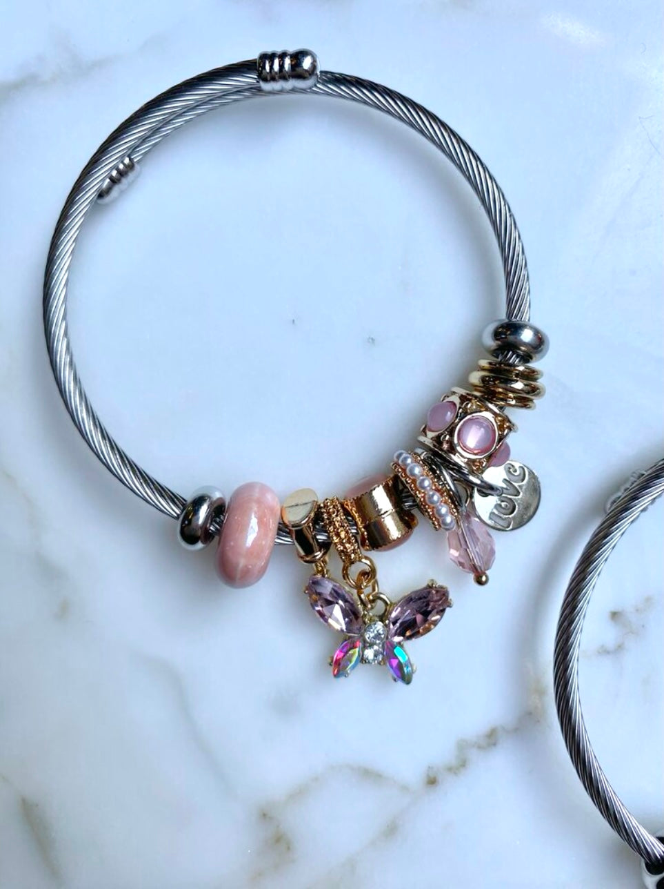 Gümüş Kaplama Pembe Kelebek Charm Bileklik