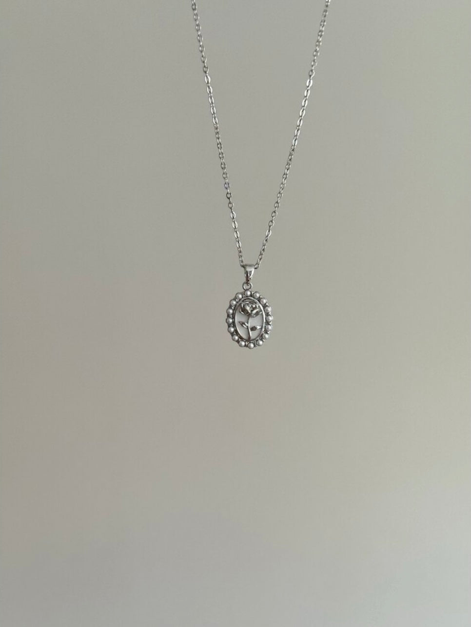 Steel Silver Color Pearl and Rose Motif Vintage Necklace
