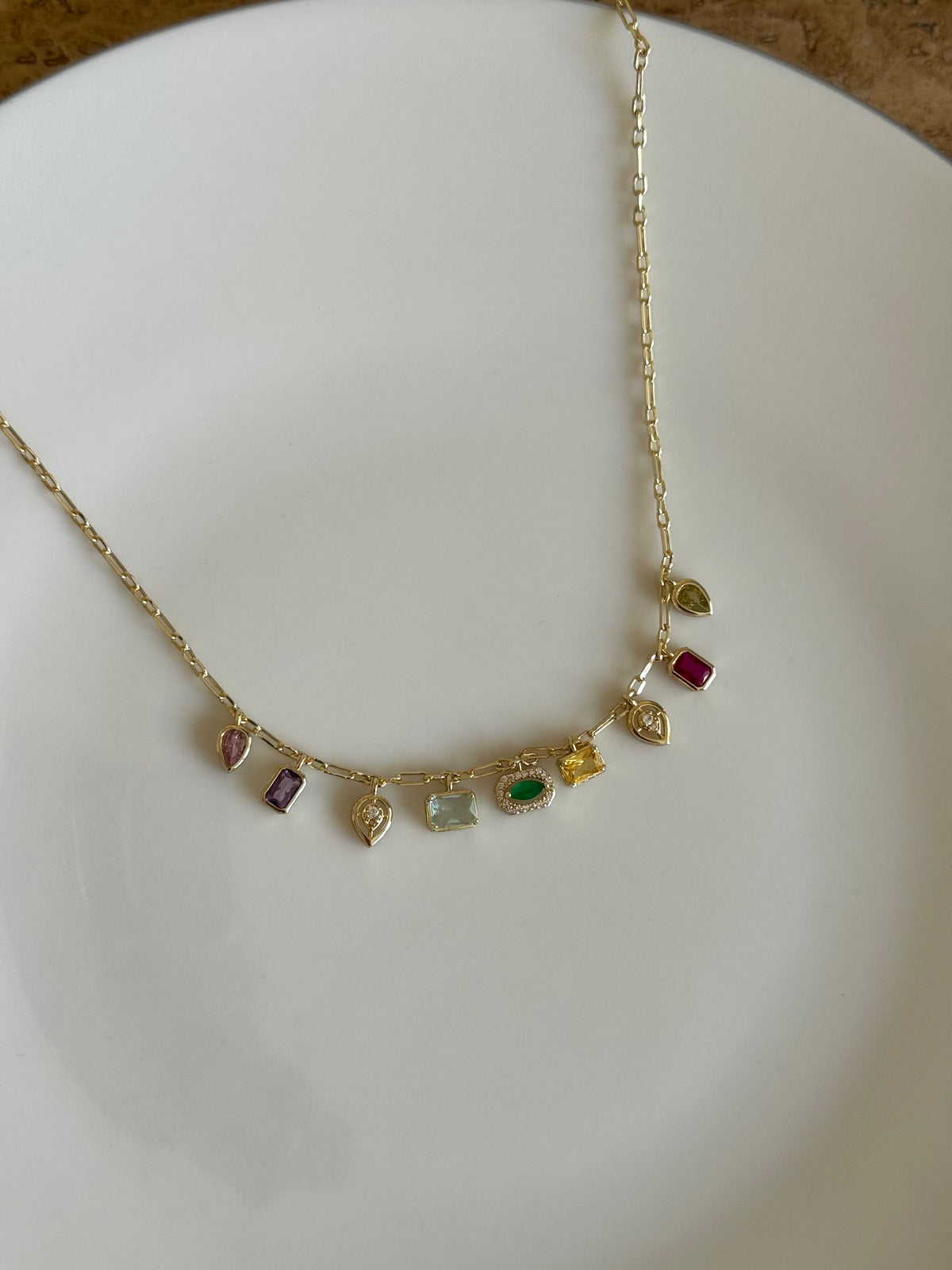Gold Plated Geometric Necklace with Colored Stones