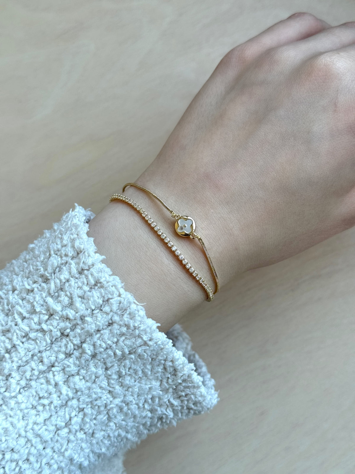 Gold Plated Double Row Tennis and Clover Bracelet