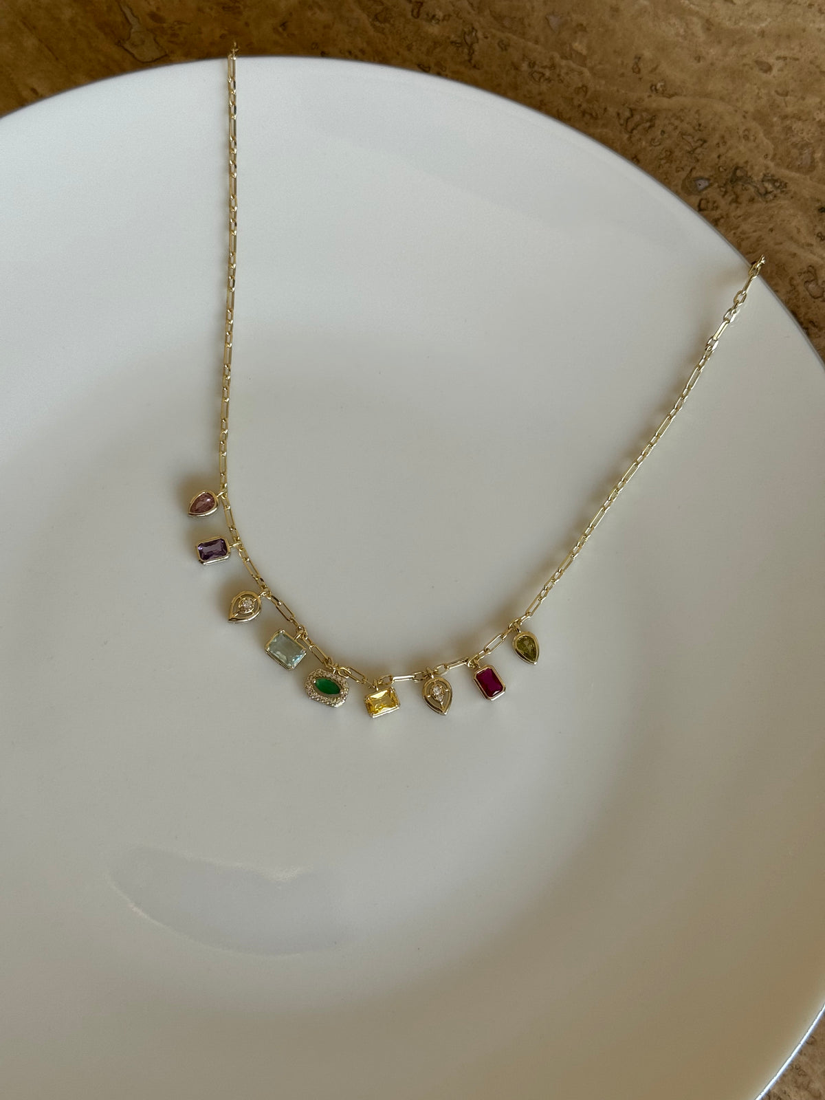 Gold Plated Geometric Necklace with Colored Stones