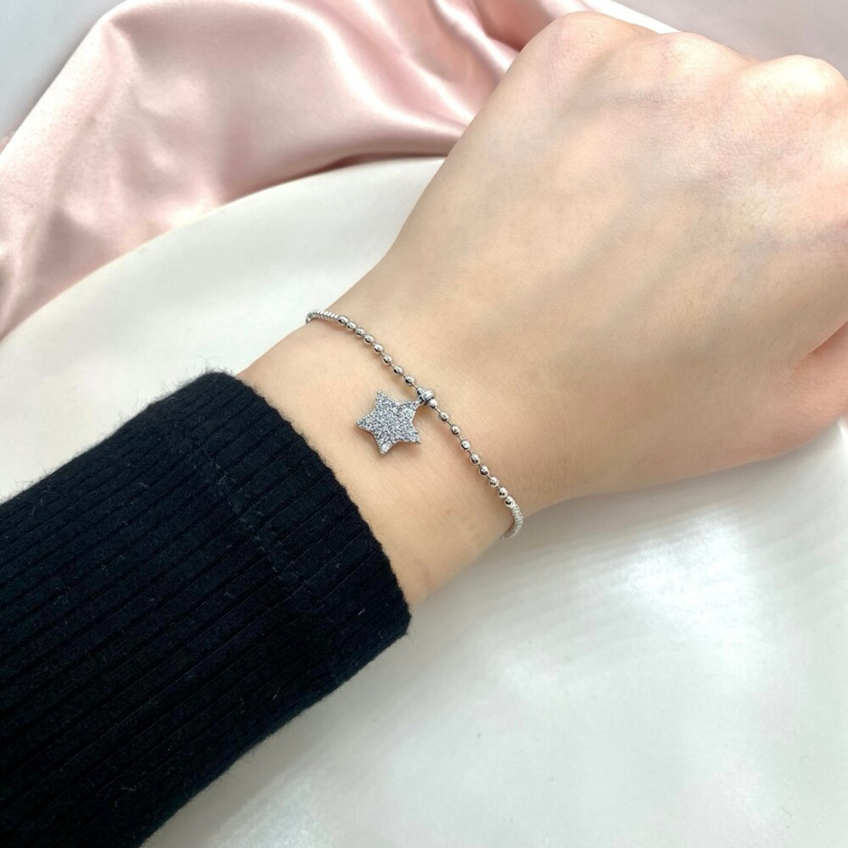 Silver Plated Zircon Stone Star Charm Adjustable Bracelet