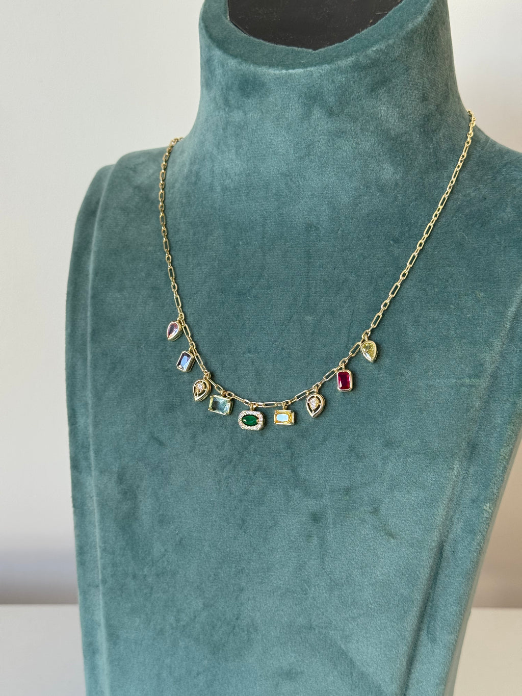 Gold Plated Geometric Necklace with Colored Stones