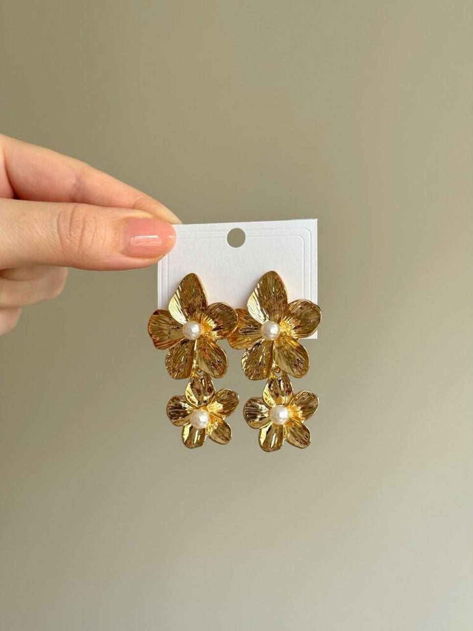Gold Plated Dangle Earrings with Pearl Detailed Flower