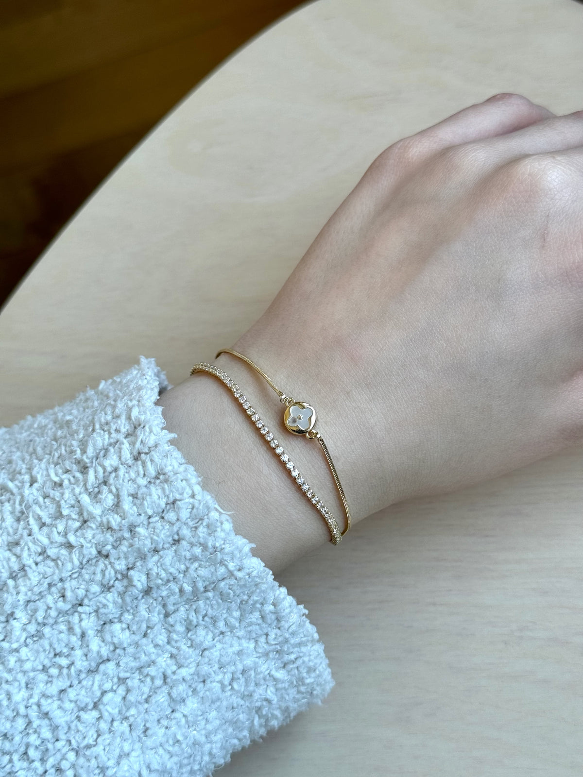 Gold Plated Double Row Tennis and Clover Bracelet