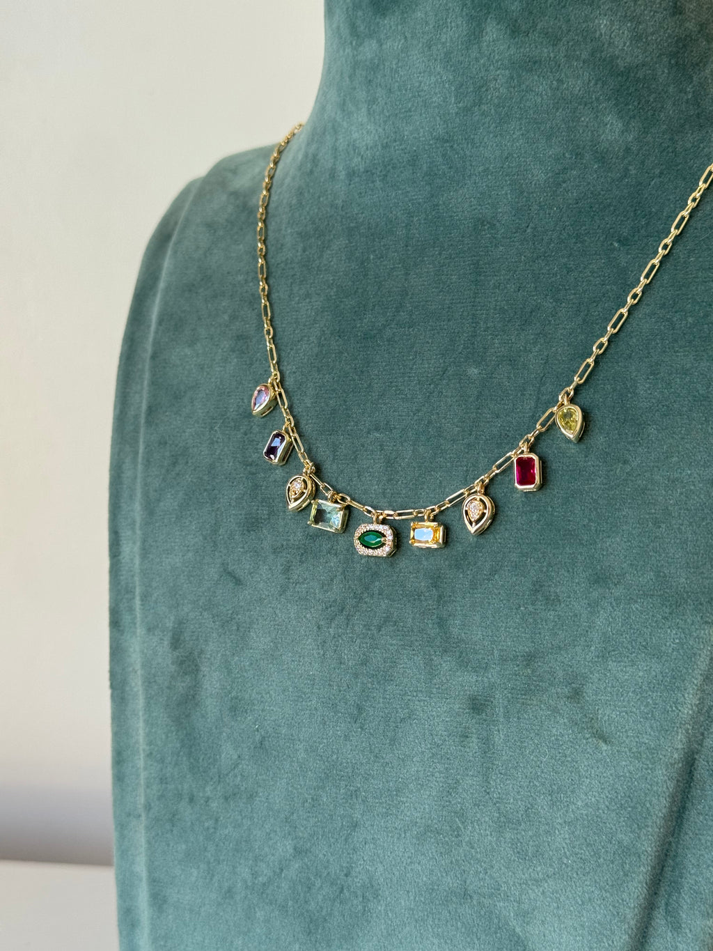 Gold Plated Geometric Necklace with Colored Stones
