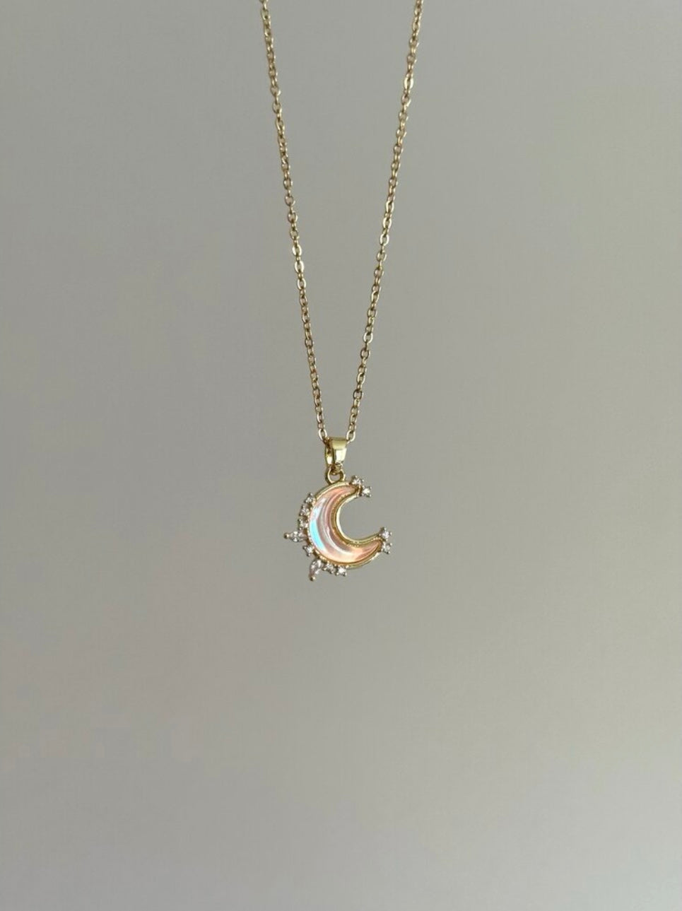 Steel Gold Color Hologram Stone Crescent Moon Necklace
