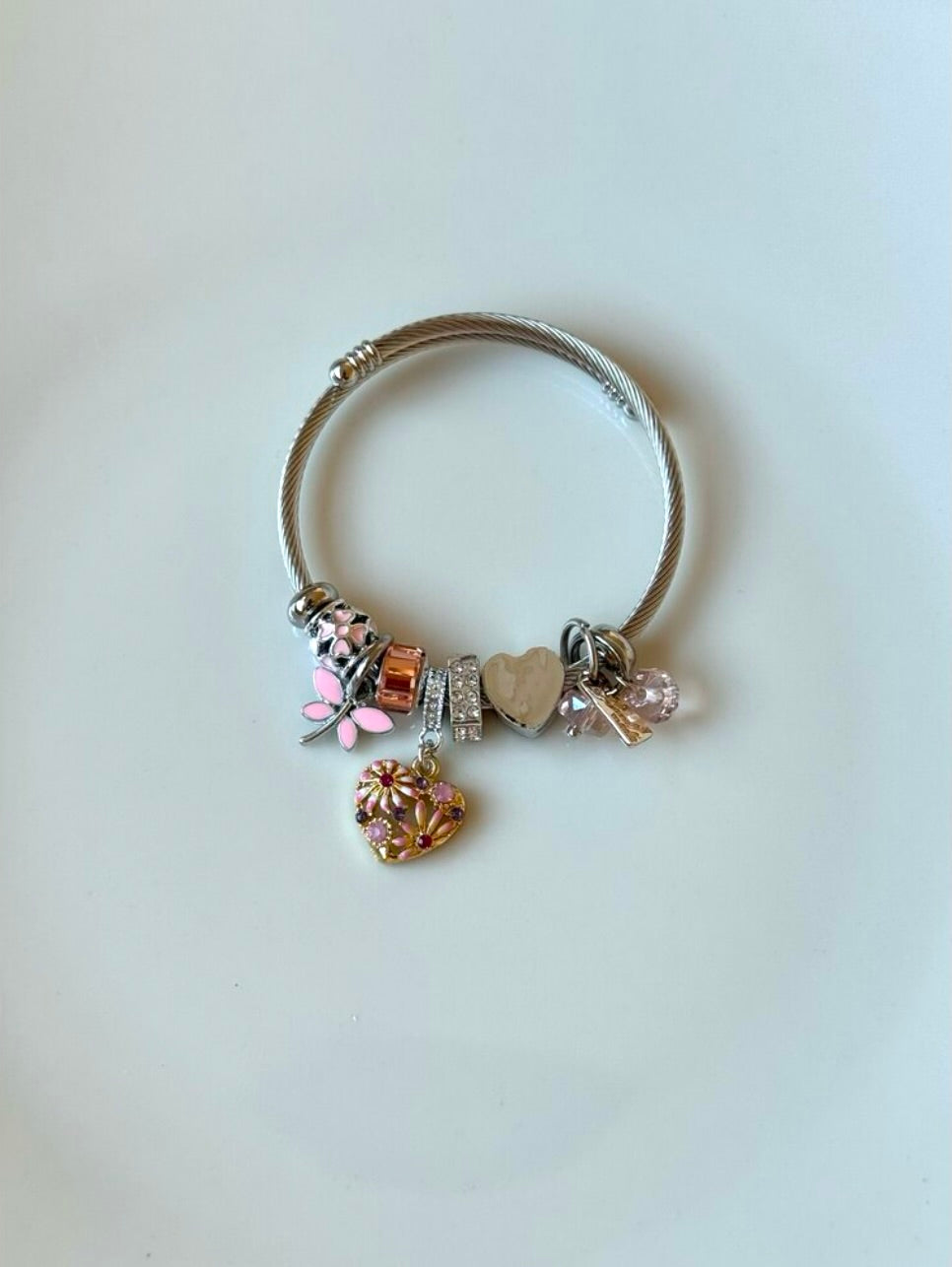 Gümüş Kaplama Pembe Kalp Charm Bileklik
