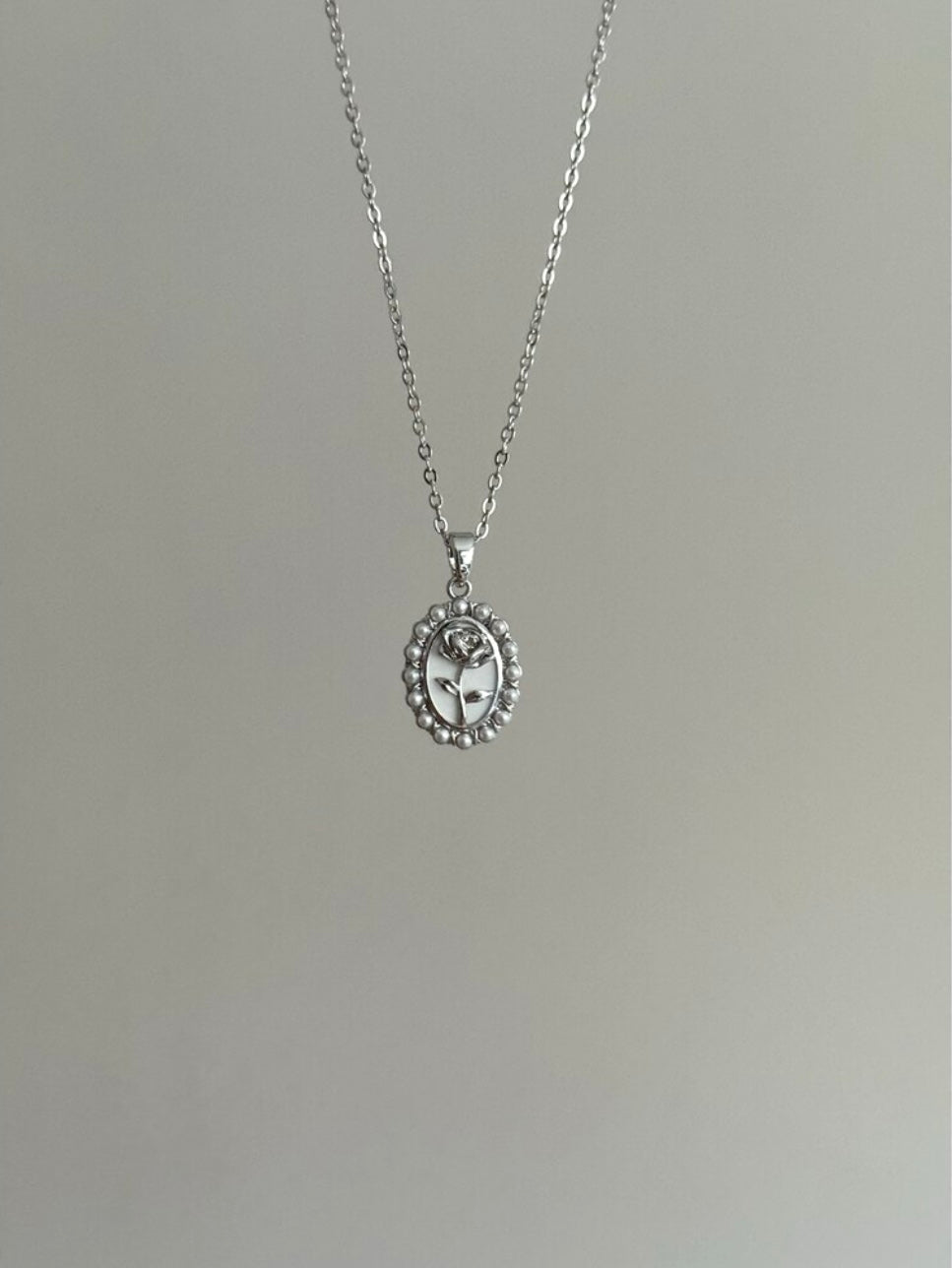 Steel Silver Color Pearl and Rose Motif Vintage Necklace