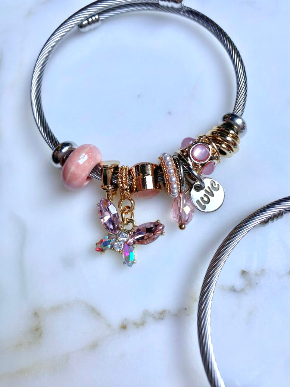 Gümüş Kaplama Pembe Kelebek Charm Bileklik