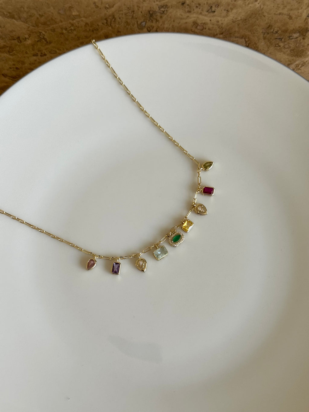 Gold Plated Geometric Necklace with Colored Stones