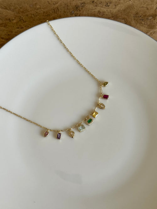 Gold Plated Geometric Necklace with Colored Stones