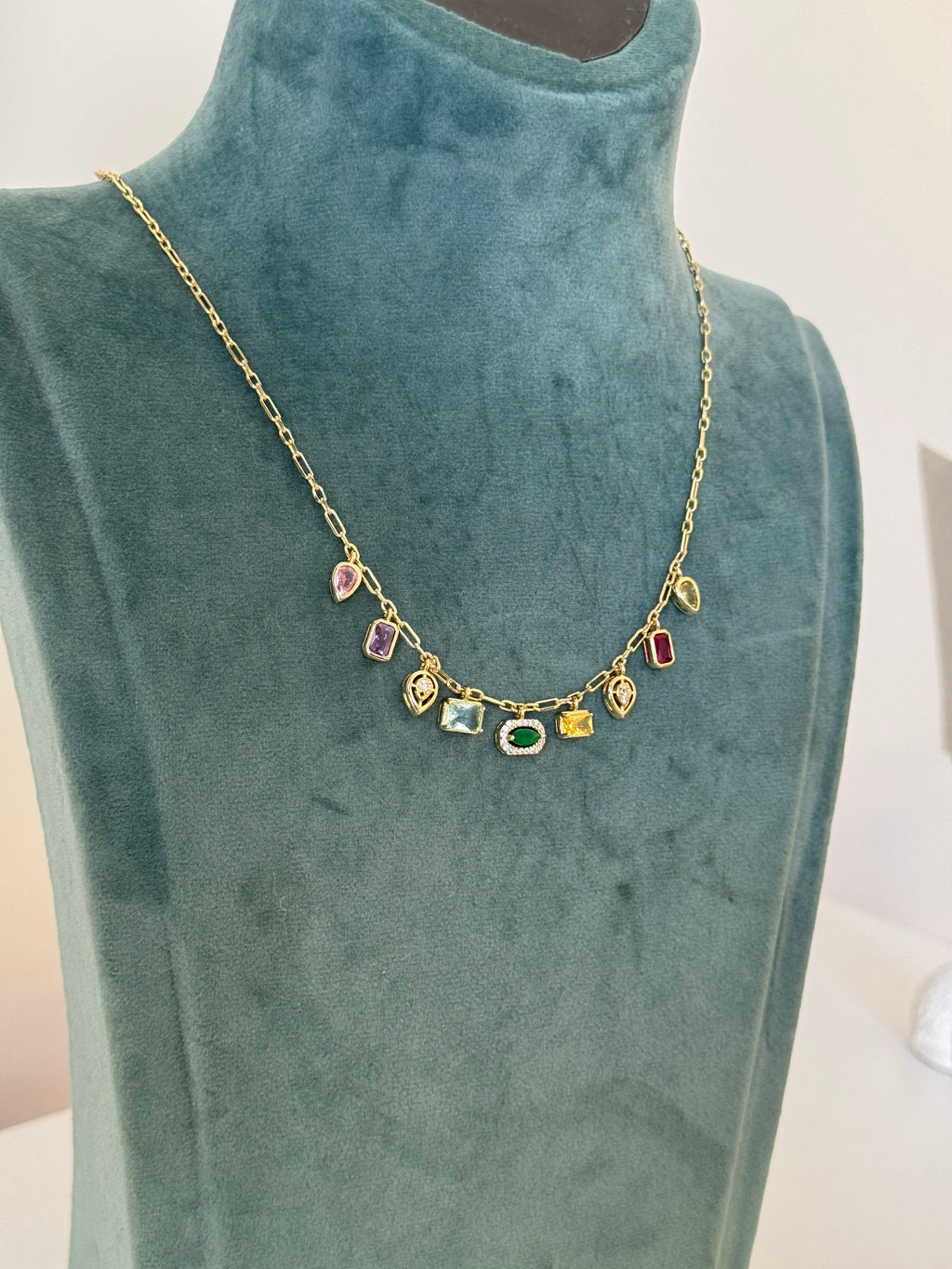 Gold Plated Geometric Necklace with Colored Stones