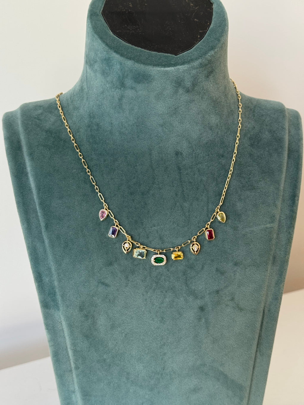 Gold Plated Geometric Necklace with Colored Stones