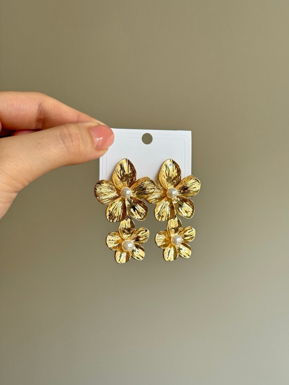Gold Plated Dangle Earrings with Pearl Detailed Flower