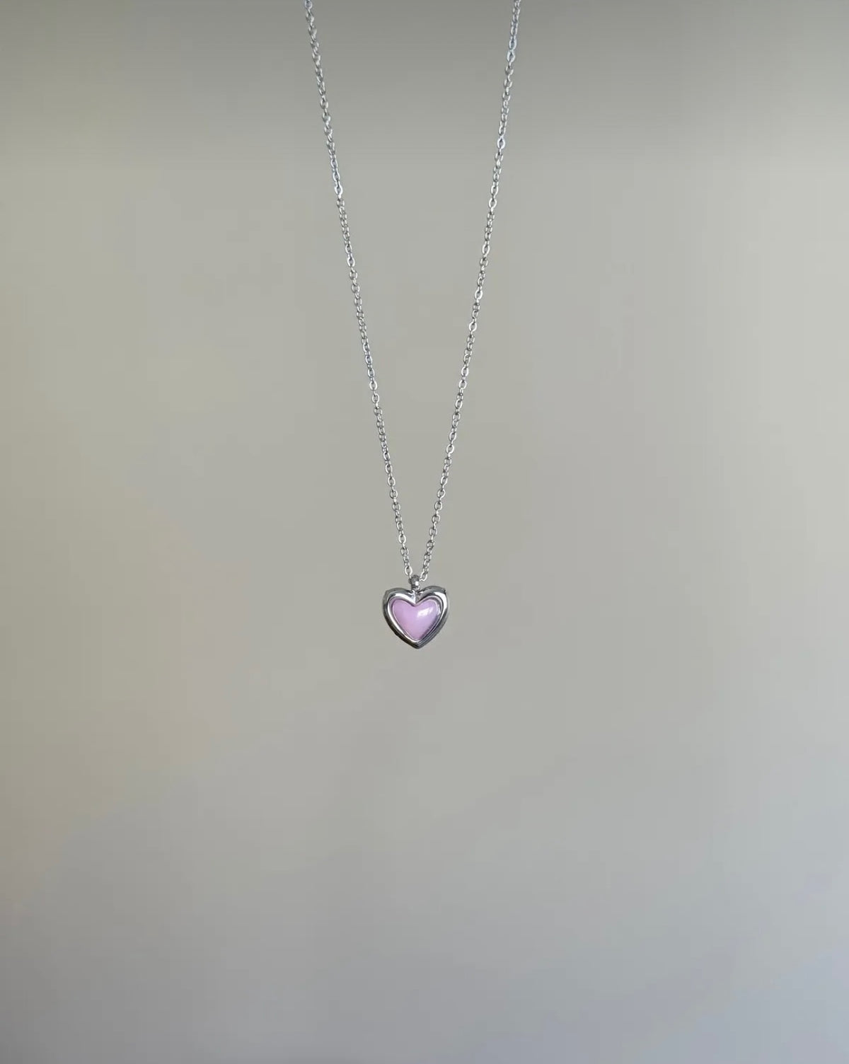 Steel Silver Colored Minimal Pink Heart Necklace