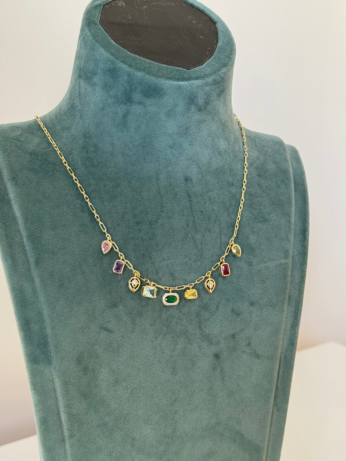 Gold Plated Geometric Necklace with Colored Stones