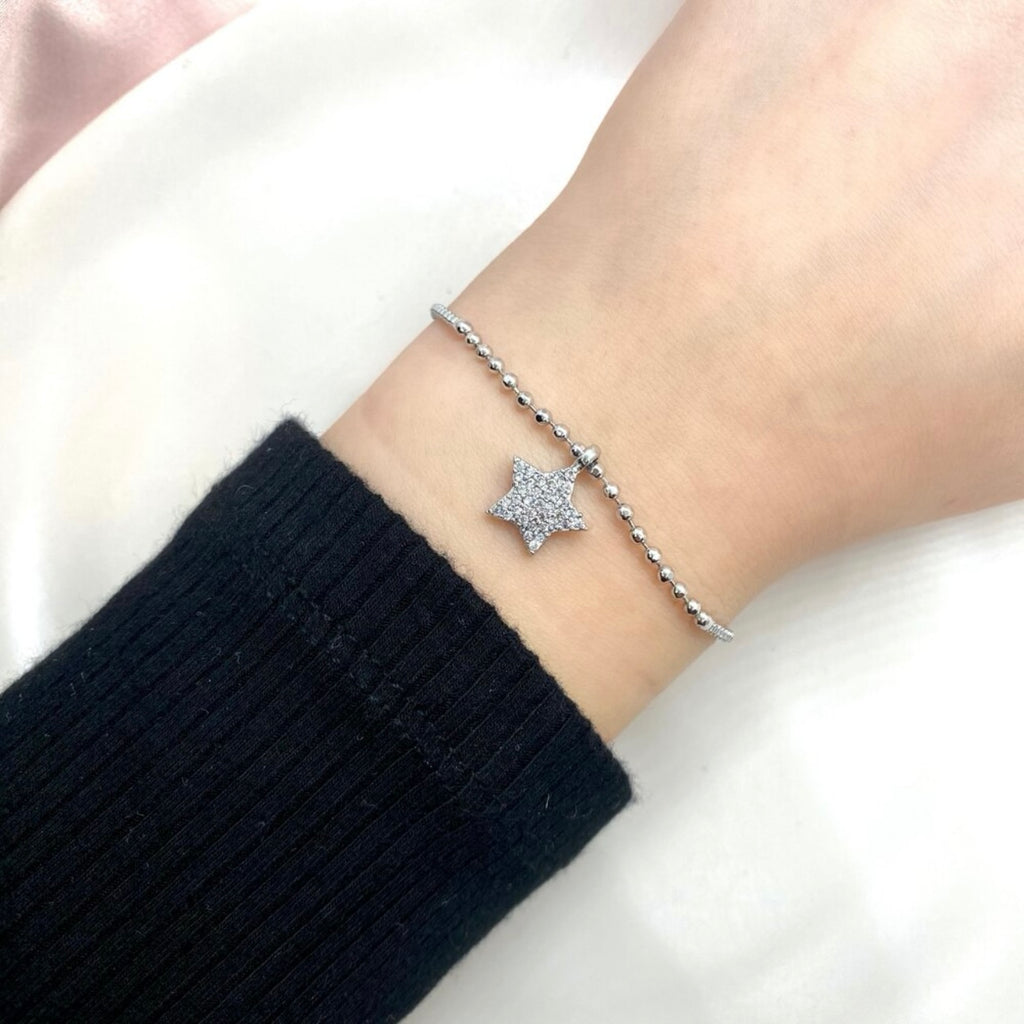Silver Plated Zircon Stone Star Charm Adjustable Bracelet