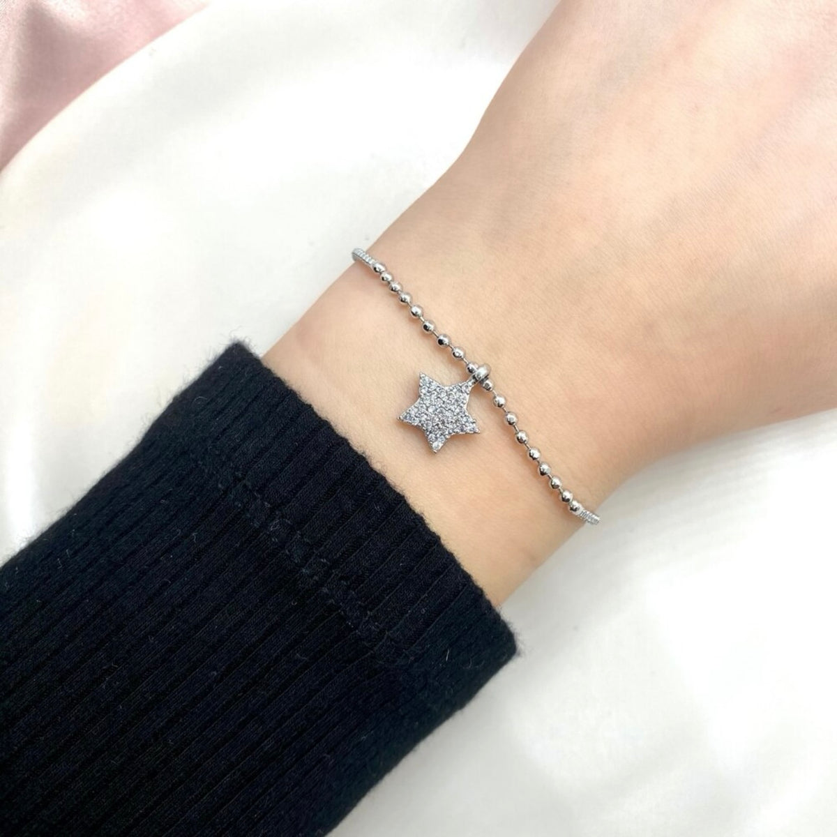 Silver Plated Zircon Stone Star Charm Adjustable Bracelet