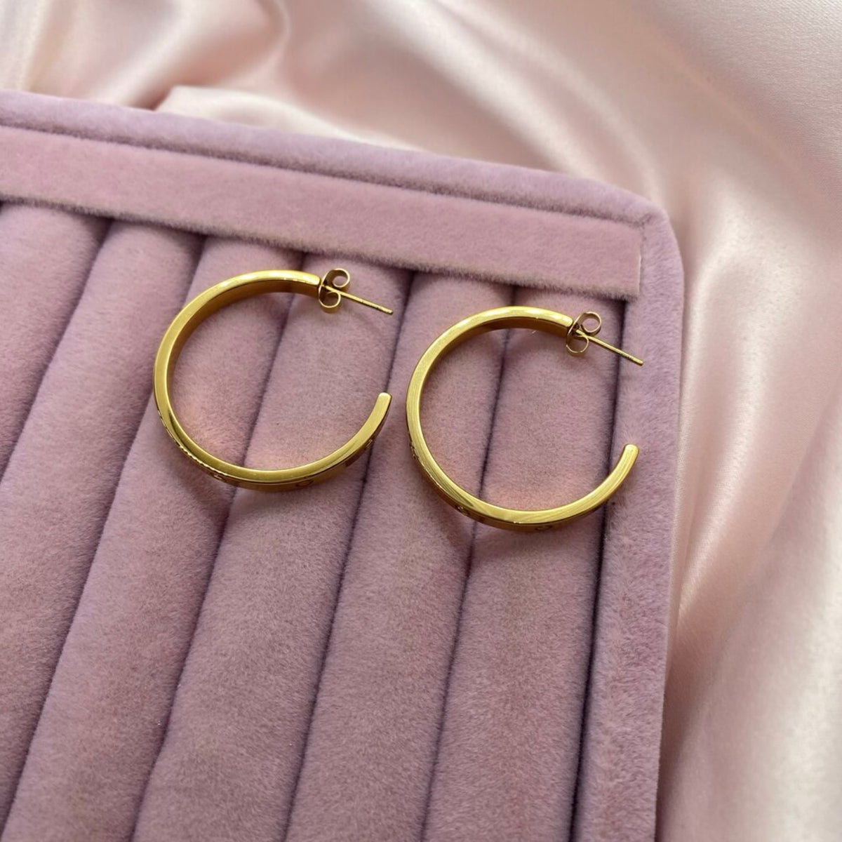 Gold Tone Steel Logo Half Hoop Earrings (3.2 cm)