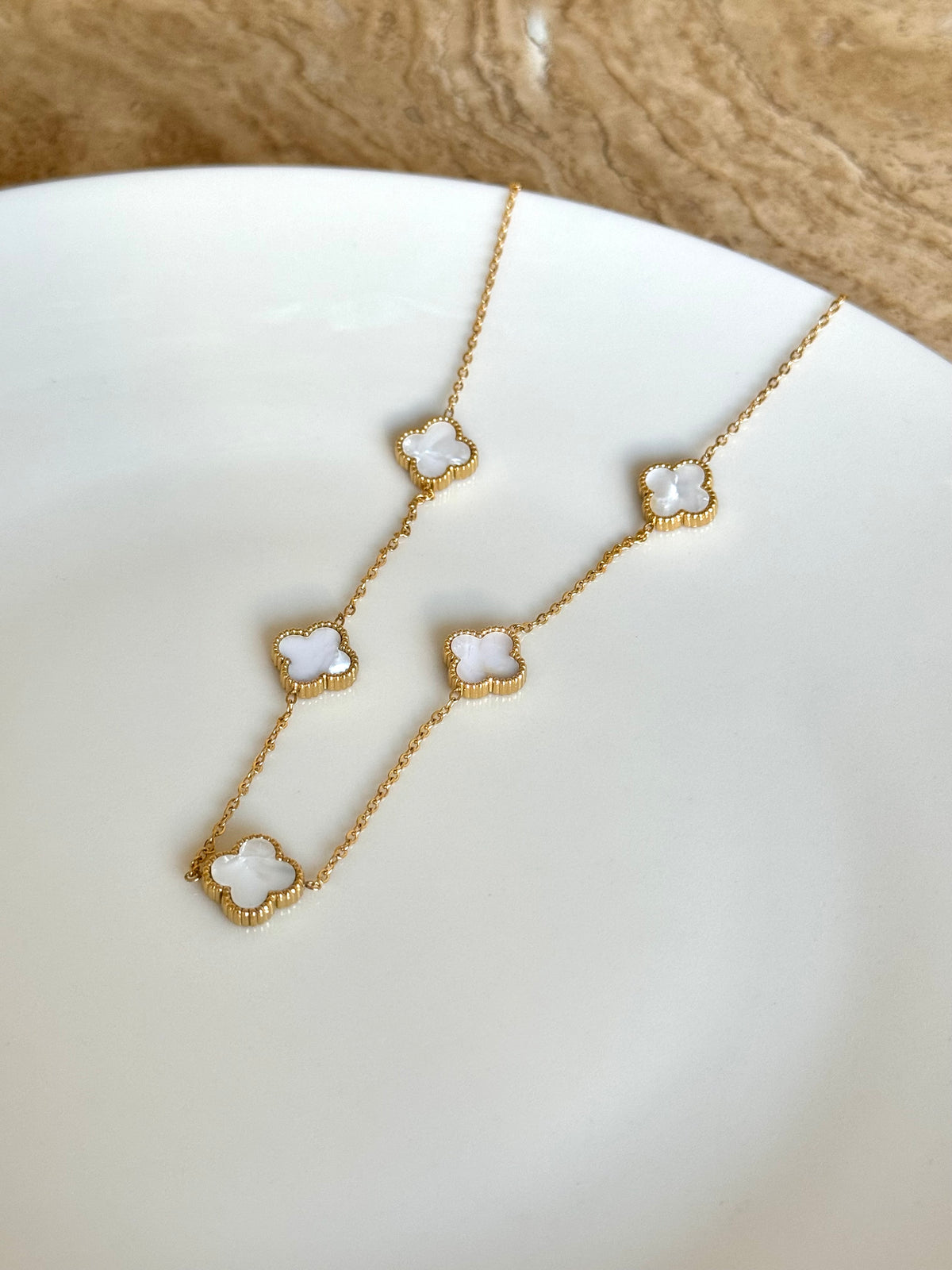 Steel Gold Color White Clover Necklace