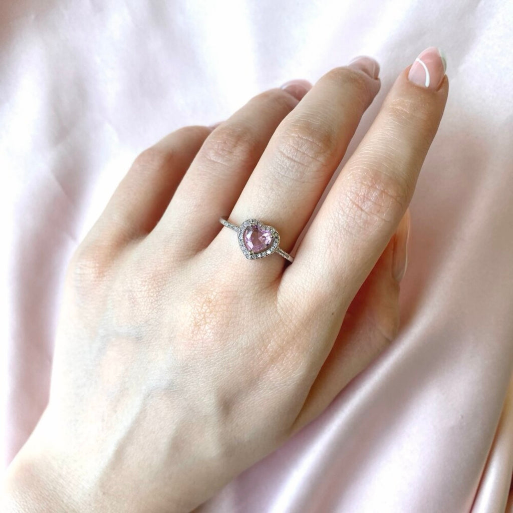 Ayarlanabilir Gümüş Rengi Pembe Kalp Yüzük