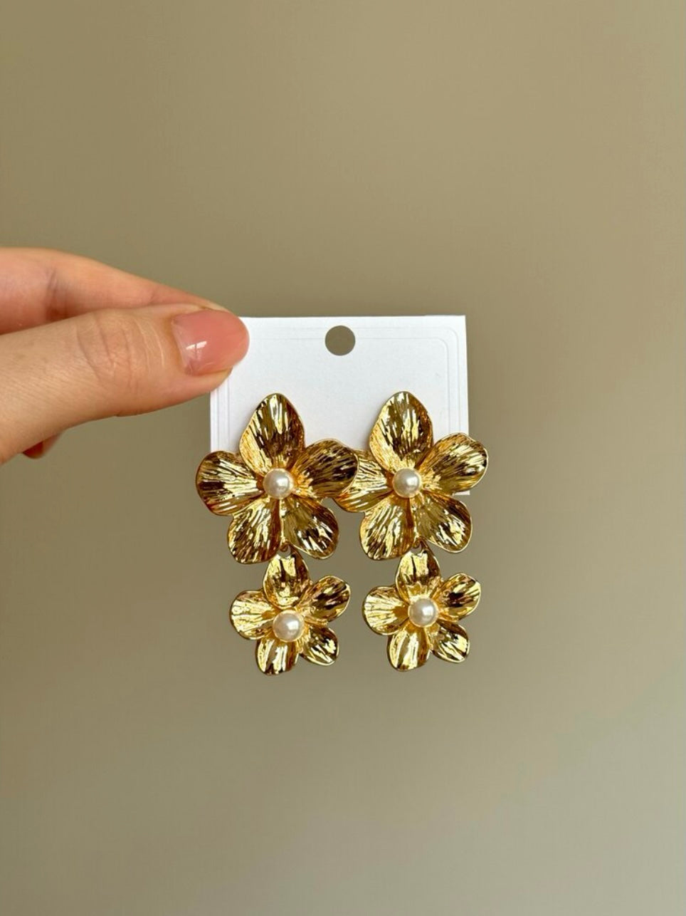 Gold Plated Dangle Earrings with Pearl Detailed Flower