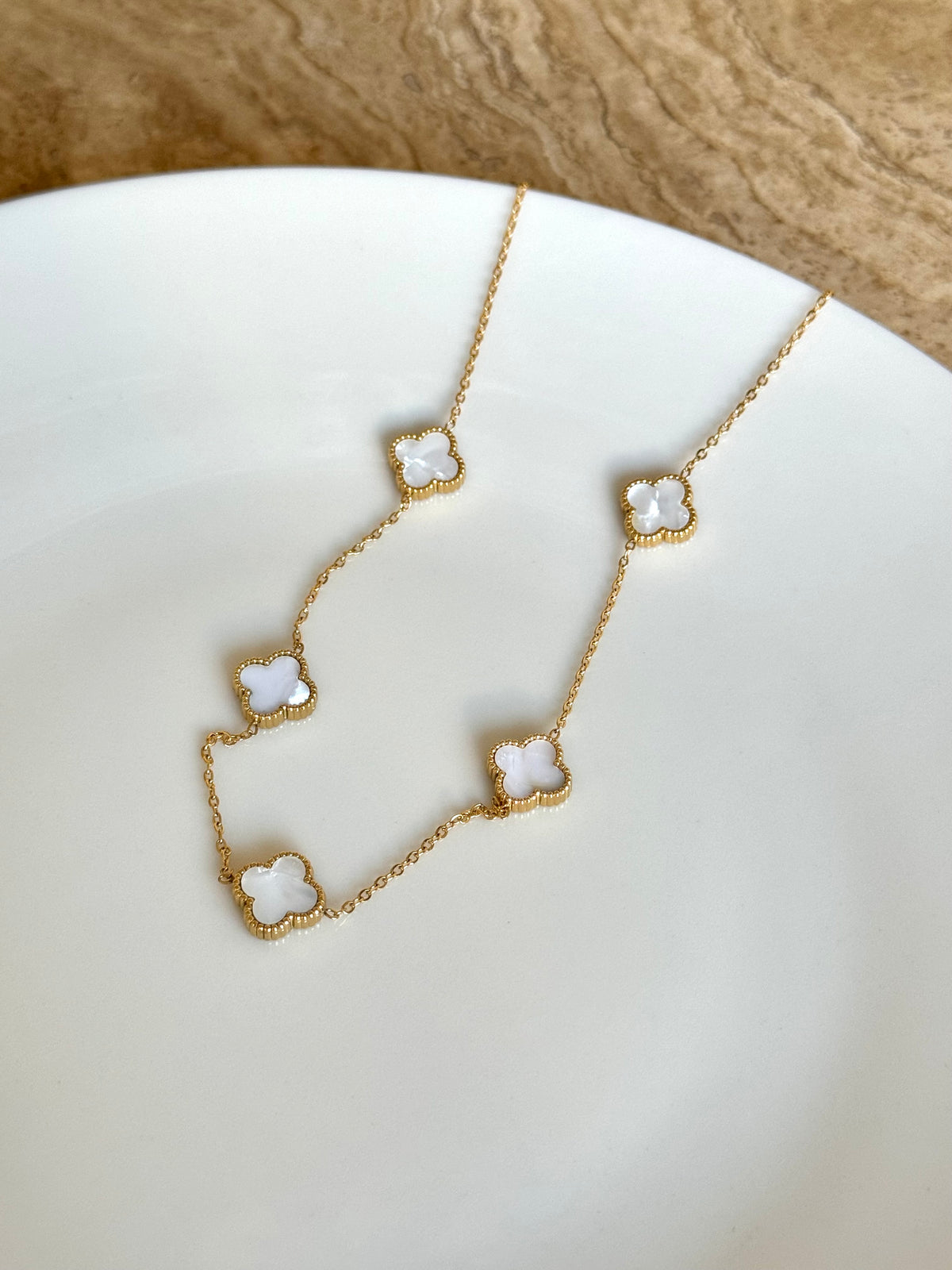 Steel Gold Color White Clover Necklace