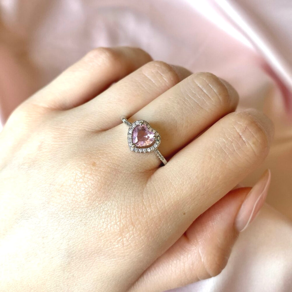 Ayarlanabilir Gümüş Rengi Pembe Kalp Yüzük