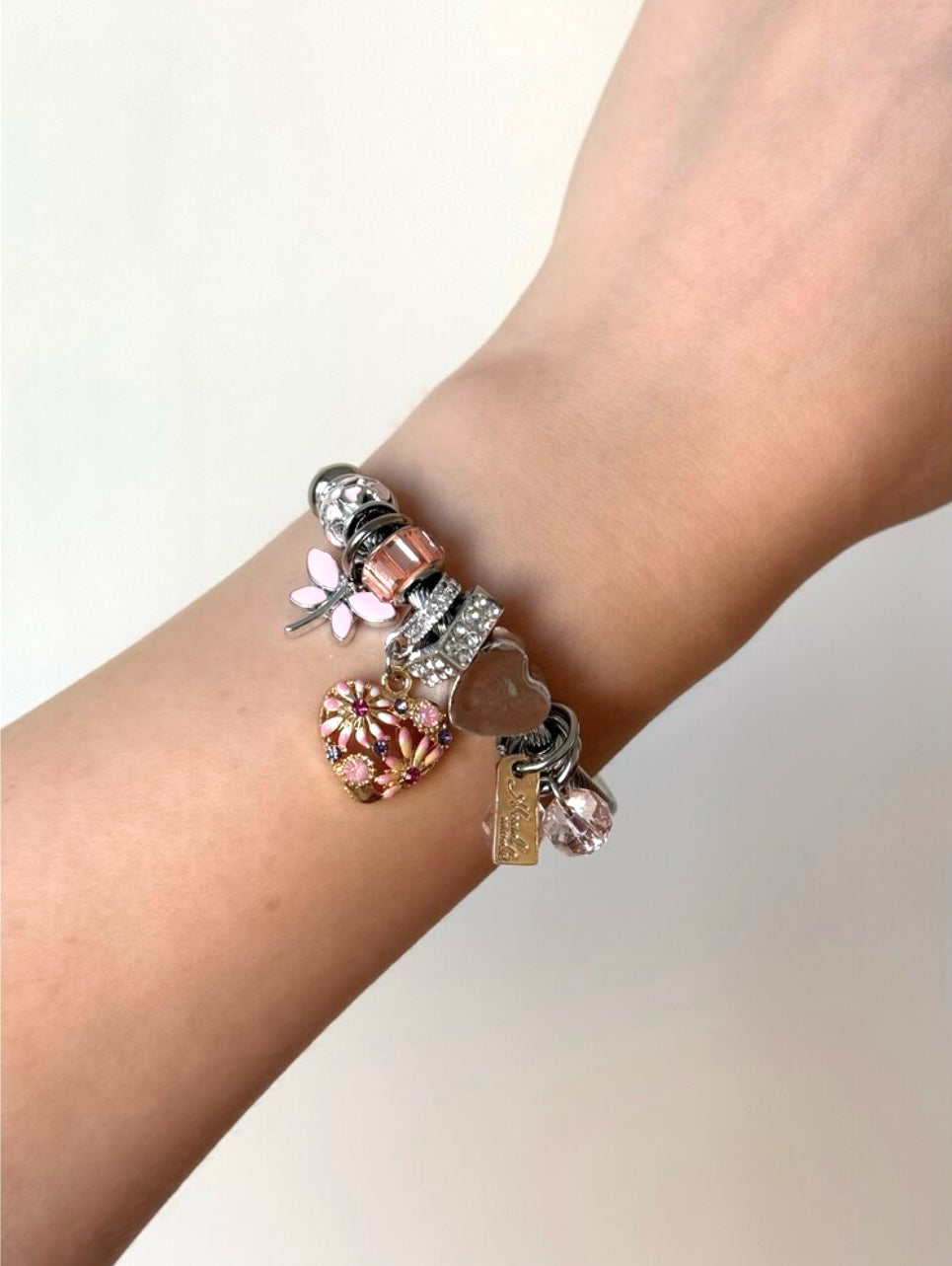 Gümüş Kaplama Pembe Kalp Charm Bileklik