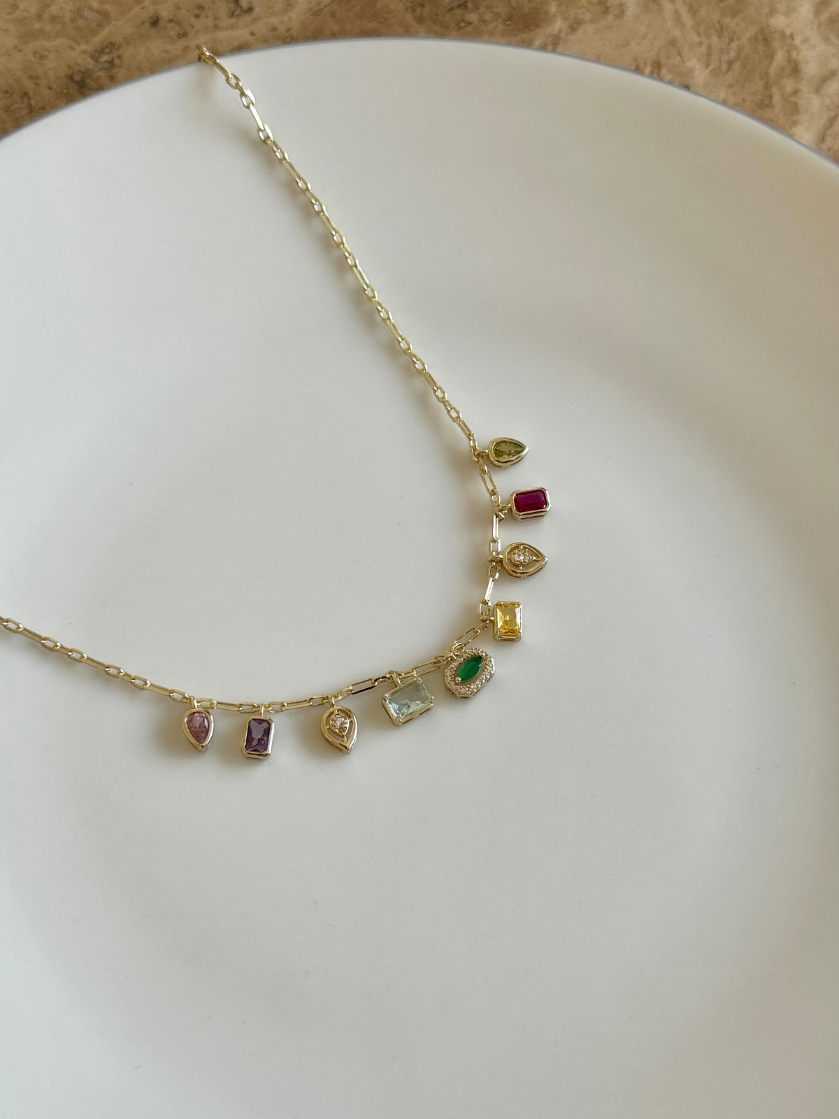 Gold Plated Geometric Necklace with Colored Stones