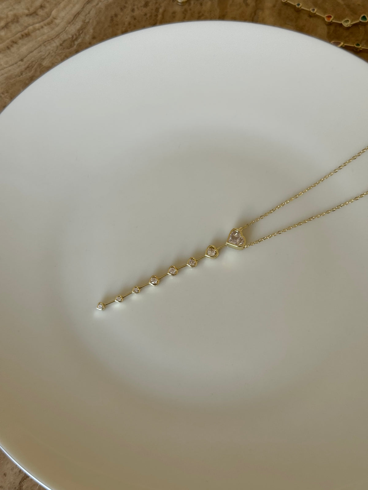 Gold Plated Heart Y-Necklace with White Stones