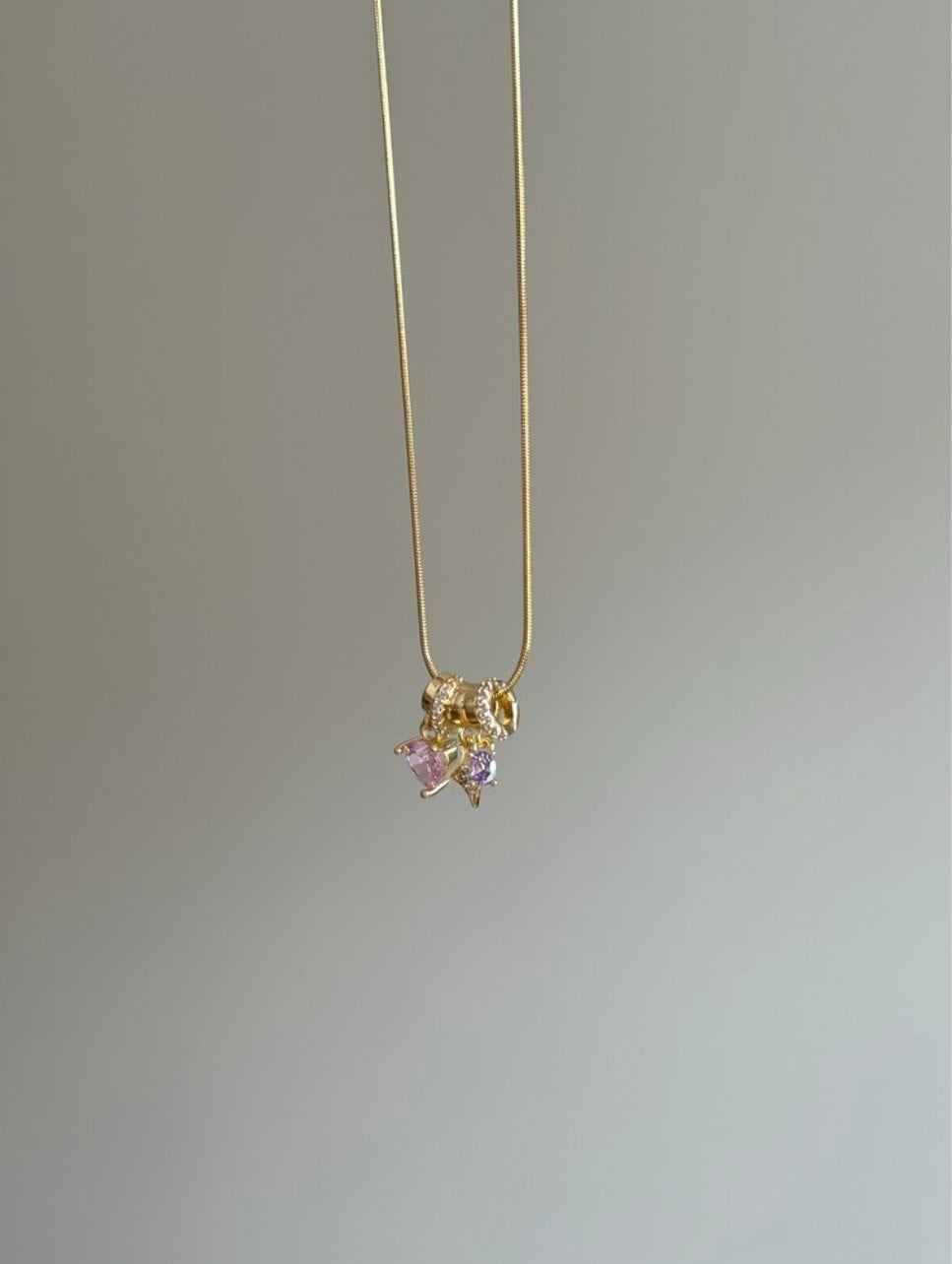 Steel Pink Heart and Purple Charm Necklace