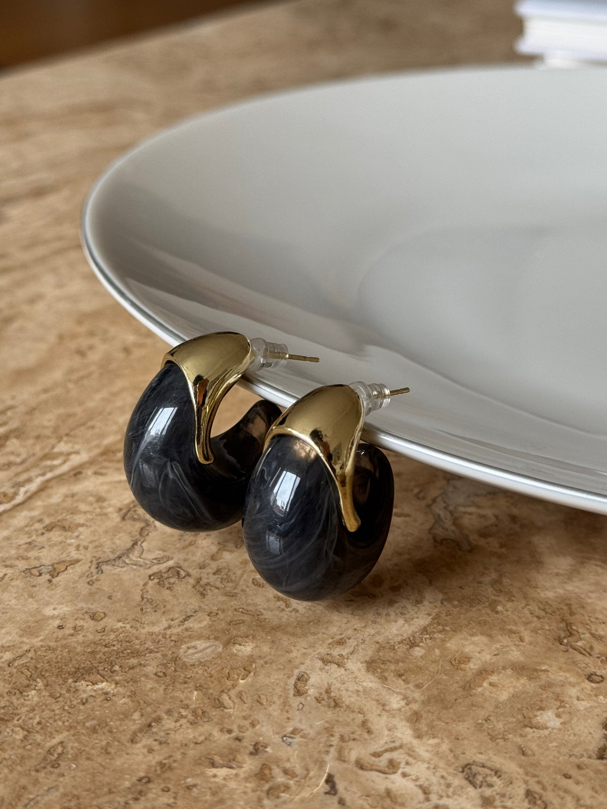 Gold Plated Black Acrylic Earrings