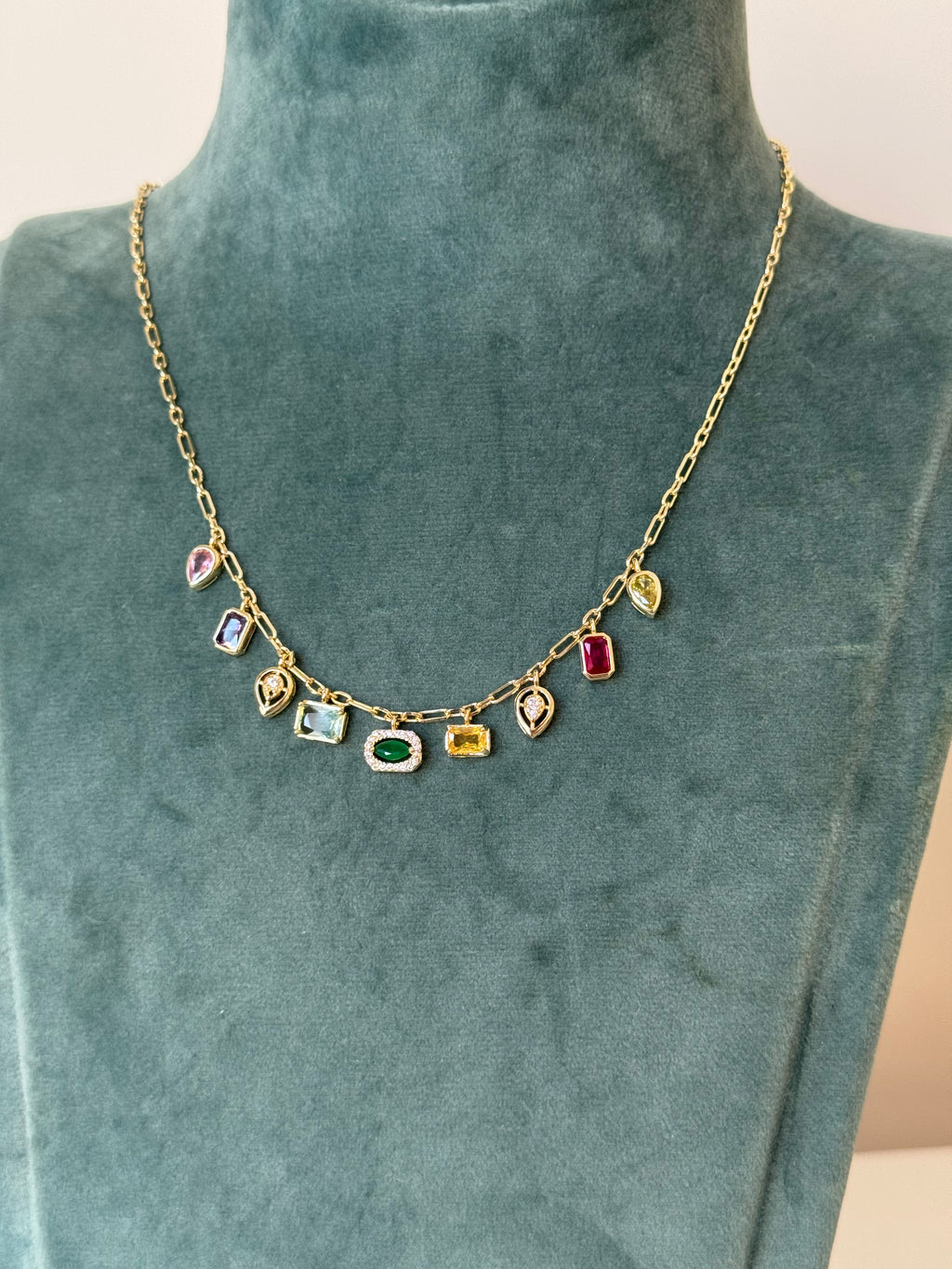 Gold Plated Geometric Necklace with Colored Stones