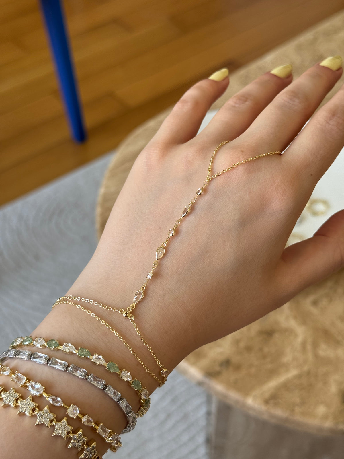 Gold Plated Stone Detailed Hand Chain Bracelet