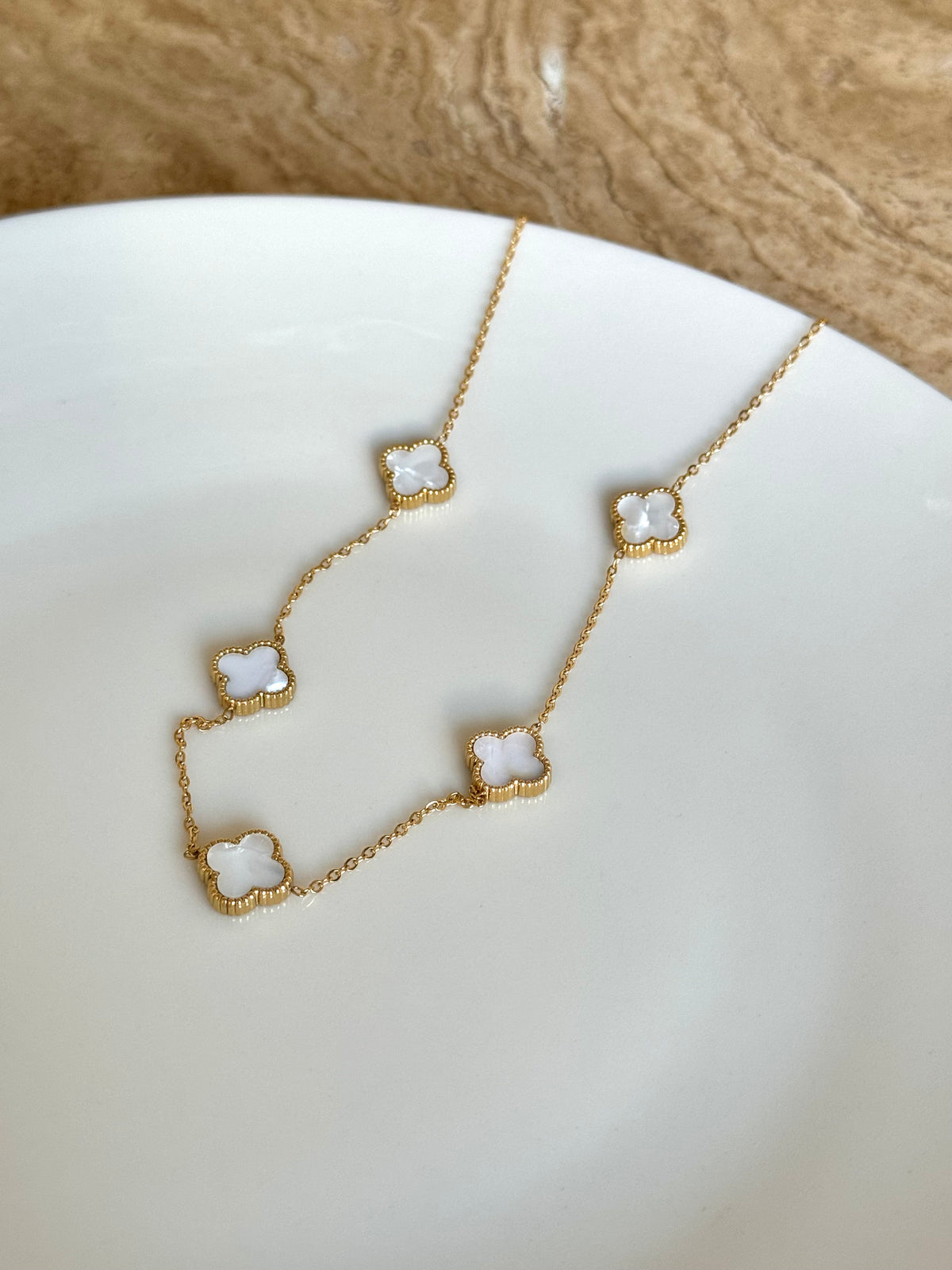 Steel Gold Color White Clover Necklace