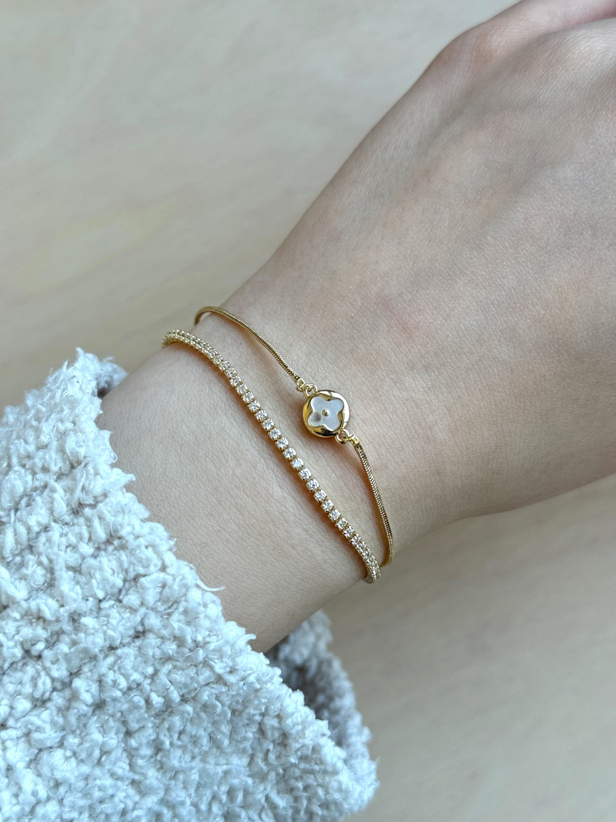 Gold Plated Double Row Tennis and Clover Bracelet