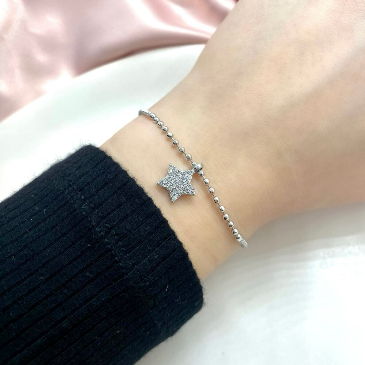 Silver Plated Zircon Stone Star Charm Adjustable Bracelet