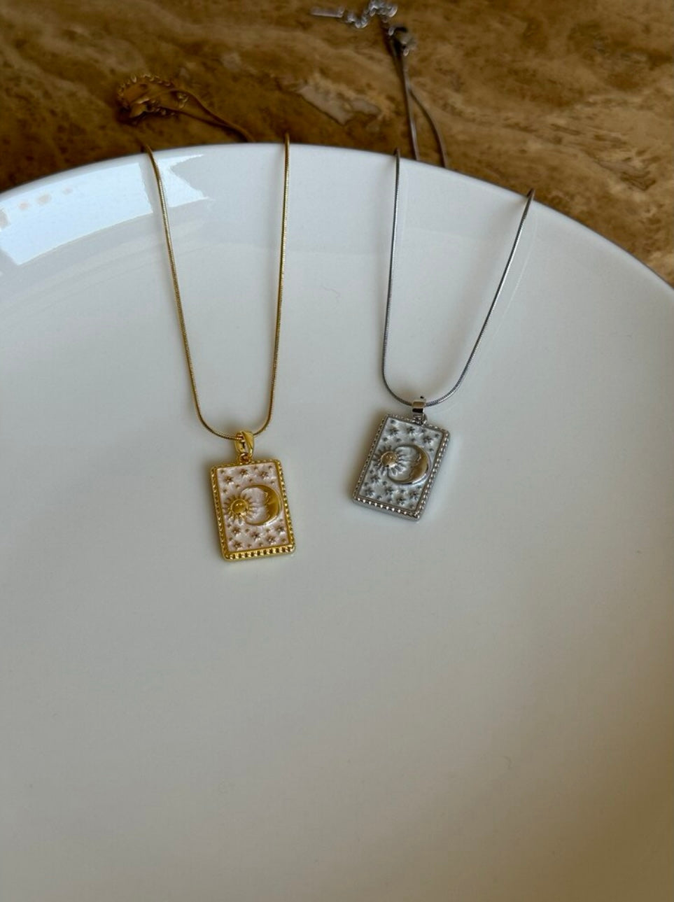 Steel Silver-Colored Sun and Moon Medallion Necklace