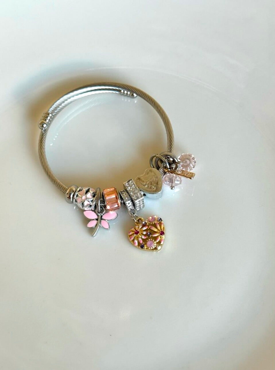 Gümüş Kaplama Pembe Kalp Charm Bileklik