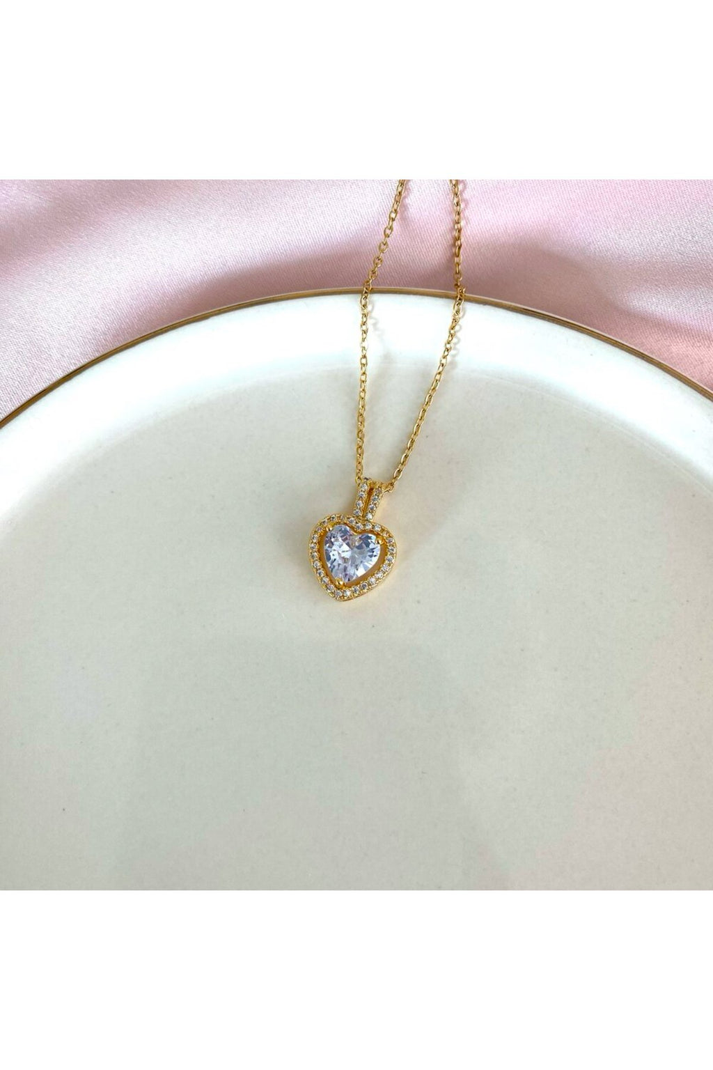 Steel Gold-Tone Heart Necklace with White Stones