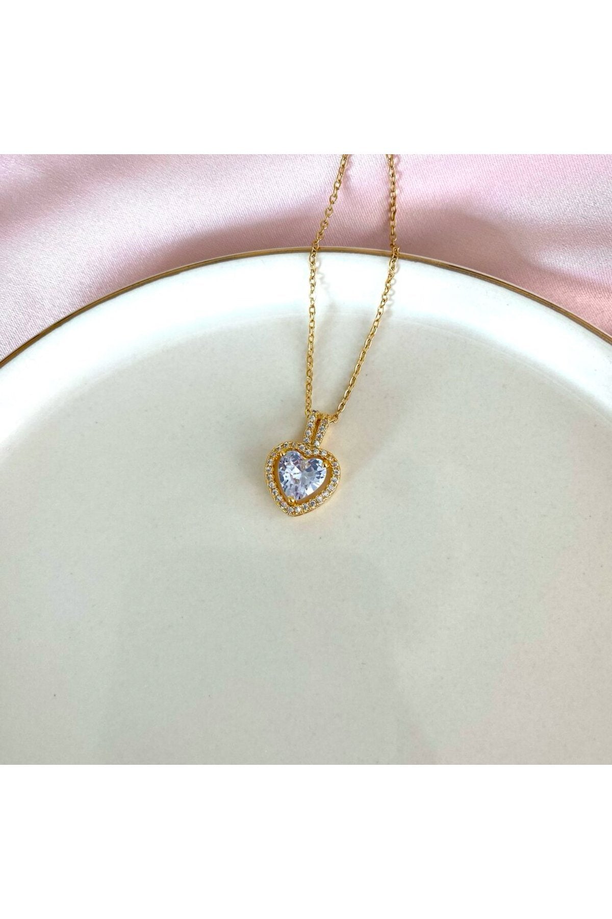 Steel Gold-Tone Heart Necklace with White Stones