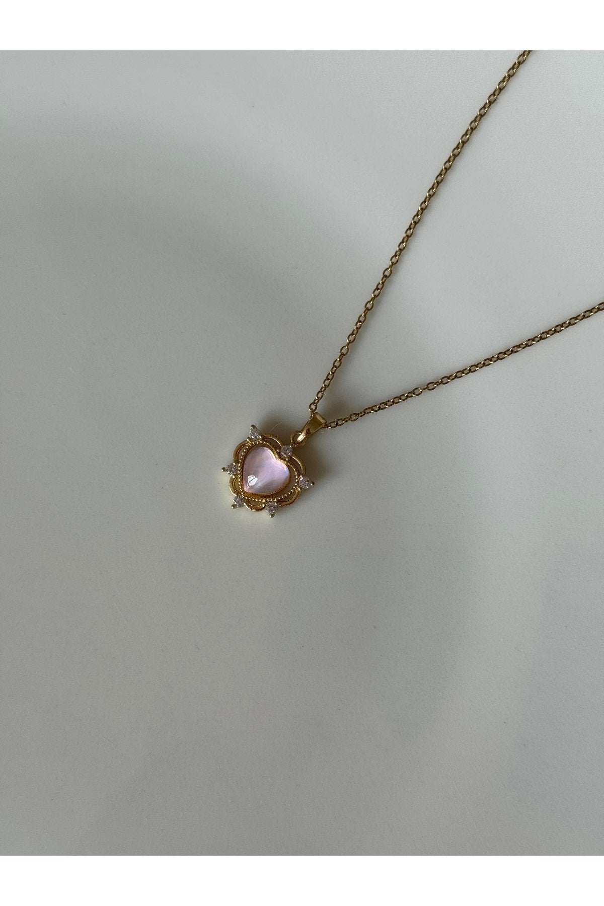 Steel Gold Colored White Hologram Heart Necklace