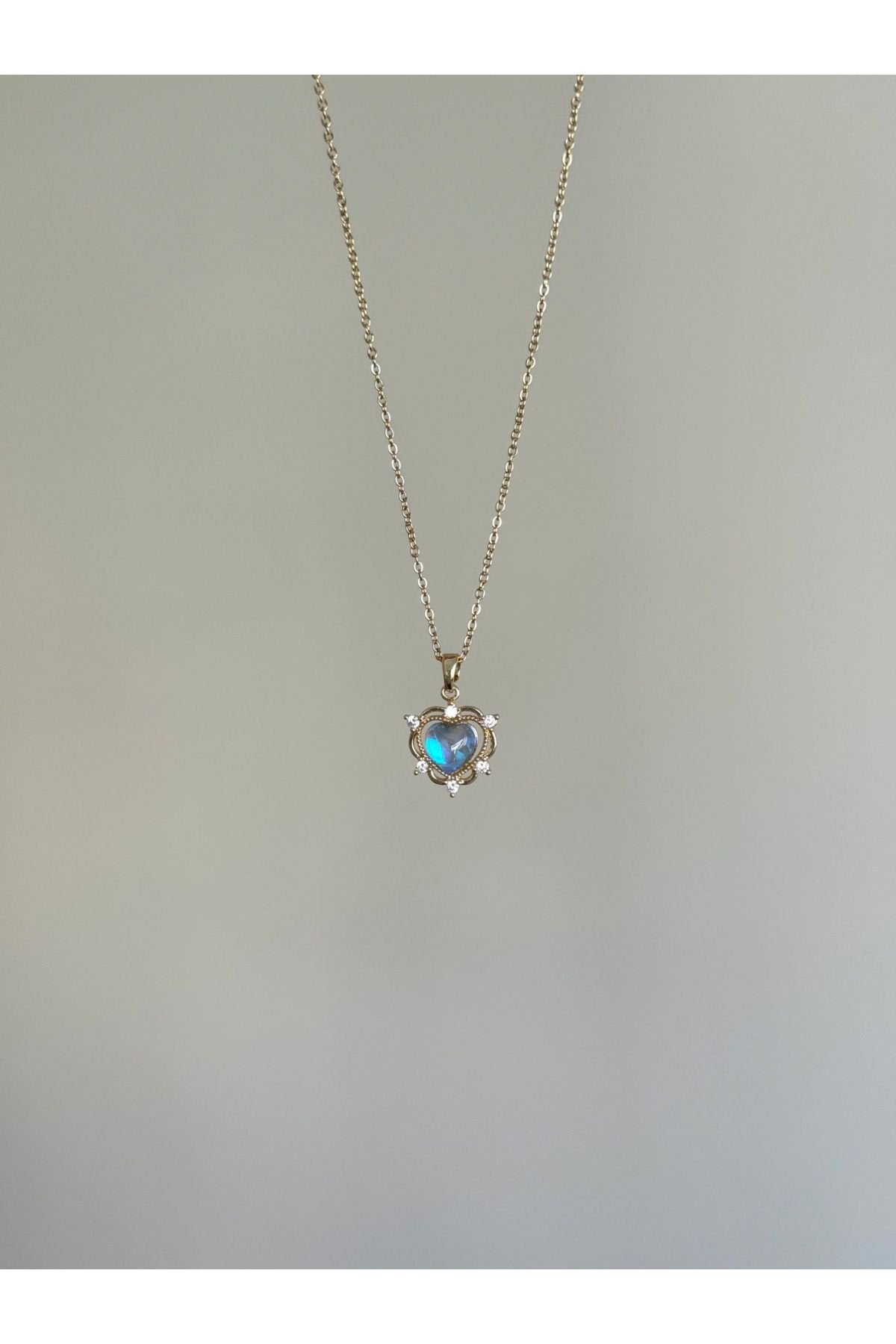 Steel Holographic Blue Stone Heart Necklace
