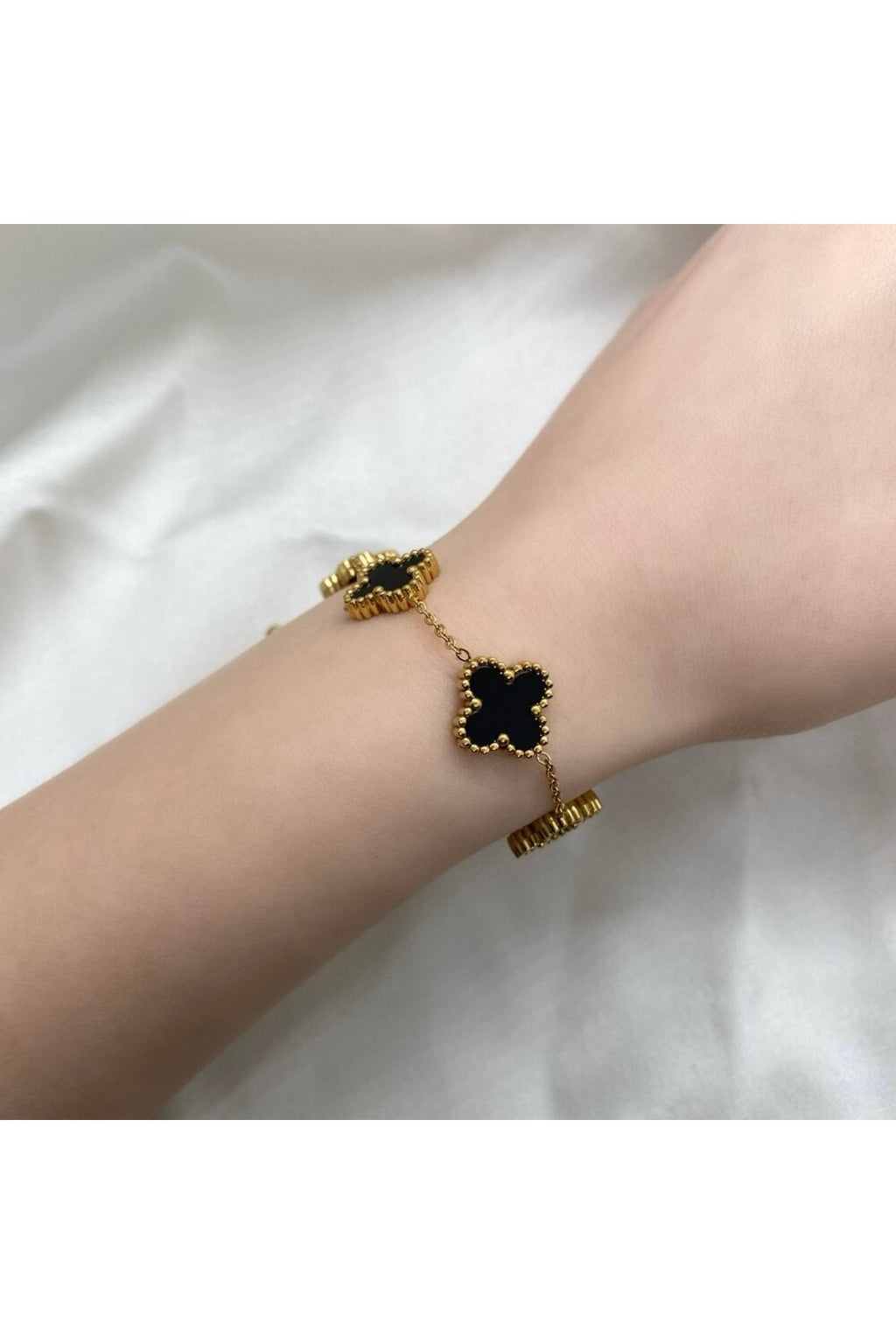 Steel Gold Tone Black Stone Clover Bracelet