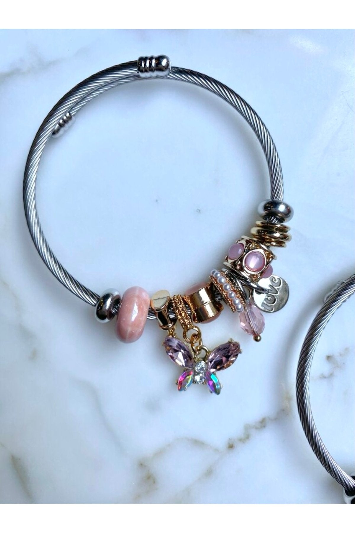 Gümüş Kaplama Pembe Kelebek Charm Bileklik